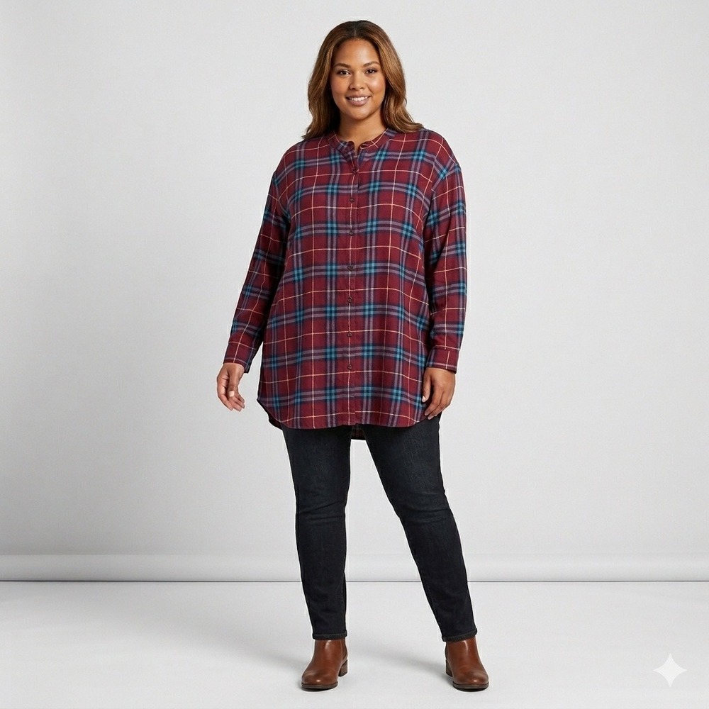 LL Bean Womens XL Plaid Organic Cotton Tencel Tunic Band Collar Shirt 505465‎